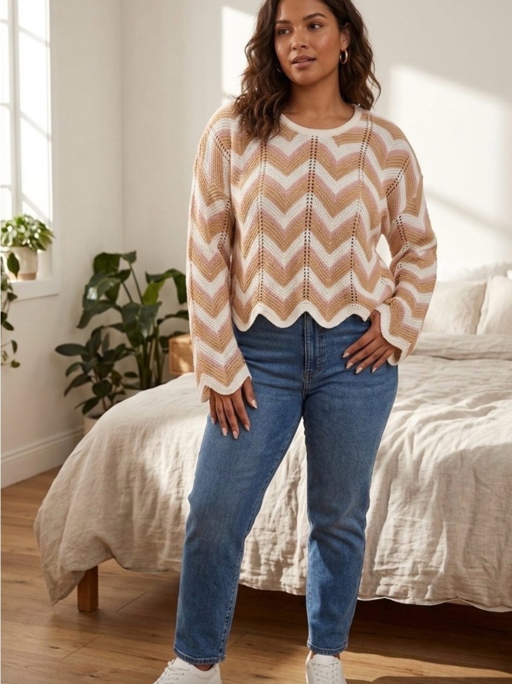 FCT With Love Chevron Open-Knit Crewneck Sweater in Cream, Tan & Pink PTP 25”